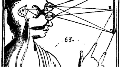 Descartes har skissat bild av hur tänkandet och kroppen sammanstrålar. Teckning,