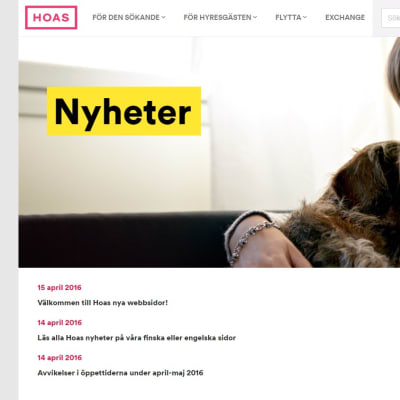 HOAS svenska webbsida. Rubriken nyheter syns med stort.