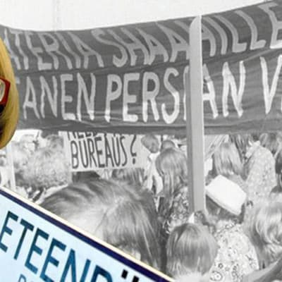 Päivi Istala (Seppo Sarkkinen 2008). Shaahin vastaiset mielenosoitukset (Yle kuvanauha 1970). (Montaasi: Jukka Lindfors)