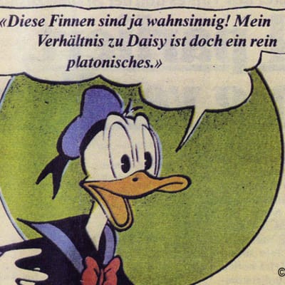 Lehtileike Aku Ankan housuttomuuskohusta berliiniläisessä TAT-Zeitungissa (1978).