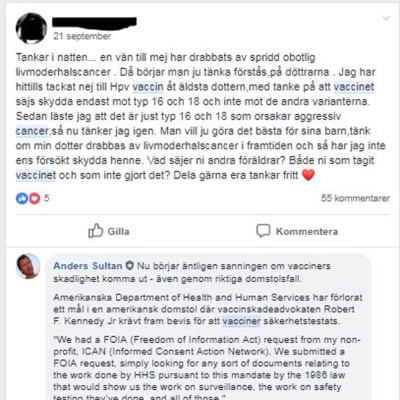En medlem i Facebookgrupp undrar om hon ska låta vaccinera sin dotter med HPV-vaccin för att förebygga livmoderhalscancer. Anders Sultan svarar och varnar för vacciner. 