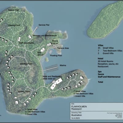 En kartbild som visar hur stugor och andra byggnader planeras på en holme i Ekenäs östra skärgård.