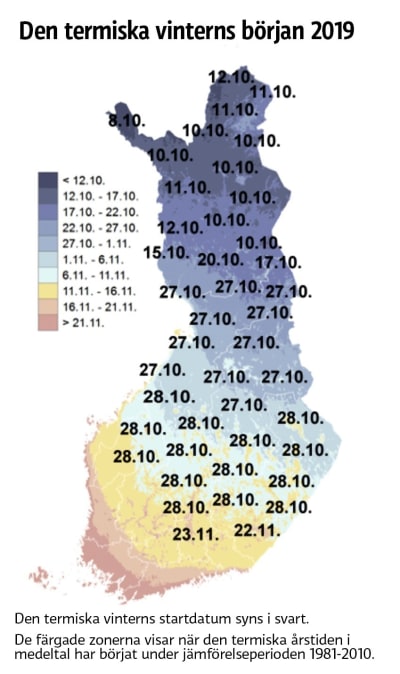 En karta över när en termiska vintern började i olika delar av Finland vintern 2019, och när den börjat i medeltal sedan 1981.