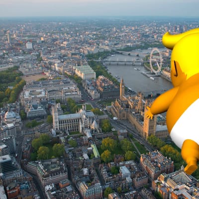 Trump baby -ilmapallo taivaalla joukkorahoituskampanjan tekemässä havainnekuvassa.