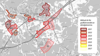 Karta med detaljplaneprojekt i Söderkulla, Eriksnäs och Box. Detaljplaneprojekten utmärkta med rött och orange.