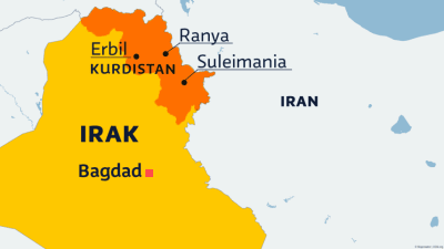 karta över Irak och Iran med Kurdistan utmärkt.
