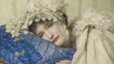 Målning av en kvinna som ligger med huvudet på en blå kudde.