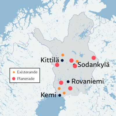 Karta över gruvprojekt i norra Finland.