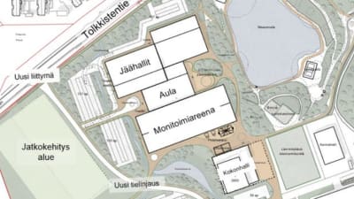 En karta med inritade byggnader, bland annat ishall och allaktivitetsarena.