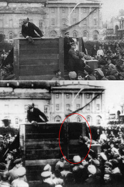 Bilden visa två versioner av samma bild. I den första syns  Leon Trotsky och Lev Kamenev medan bägge männen editerats bort i den andra versionen. 