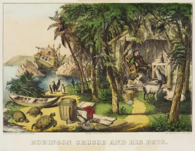 En teckning från år 1874 som föreställer Robinson Crusoe och hans husdjur.