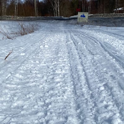 En snöskoterled med flera spår på snön. 