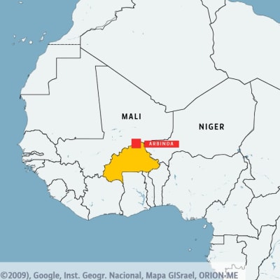 Burkina Faso är gulmarkerat och Mali och Niger är utplacerade på karta.