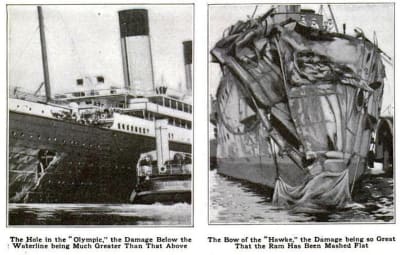Kollision mellan fartygen Olympic och Hawke.