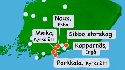 Karta över Finland med Meiko, Noux, Kopparnäs, Porkkala och Sibbo storskog markerade.