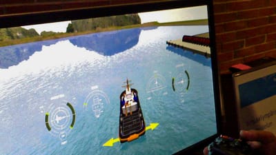 VTT:s simulator för båtbogsering.