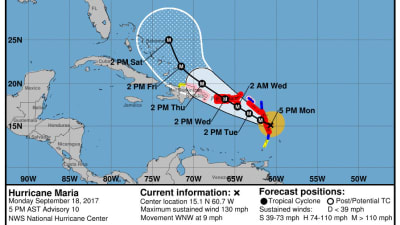Orkanen Maria är på väg mot Guadeloupe, Puerto Rico och Jungfruöarna 