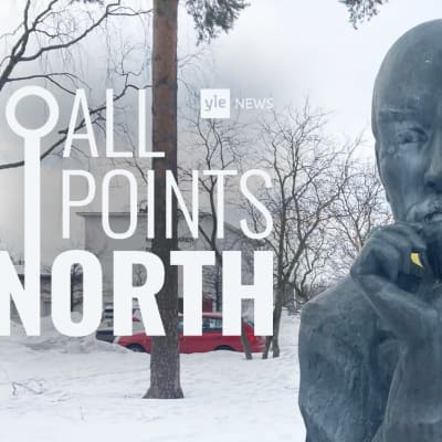 Photo of a statue of Vladimir Lenin, in the Finnish city of Kotka, featuring the All Points North podcast logo.