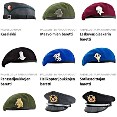 Soldatmössor och baretter som används av Försvarsmakten i Finland.