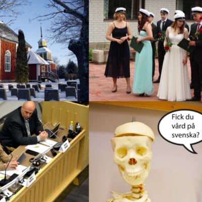 Fyra bilder som monterats ihop bestående av en kyrka, studenter, en expertpanel och ett skelett som frågor om du fick vård på svenska.