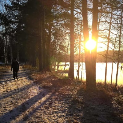 Nainen kävelee rantapolulla
