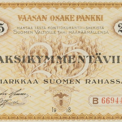 Vaasan Osake Pankki 25 mk etusivu.