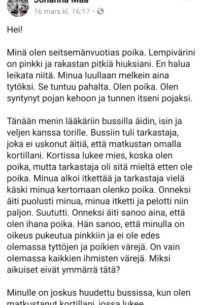 Skärmdump från Facebook om hur en biljettkontrollant med en buss inte tror på att en pojke med ljusröda kläder är en pojke.