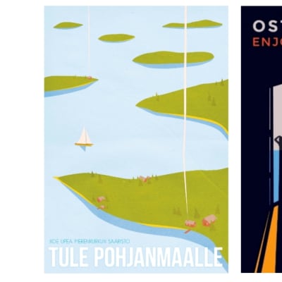 Sami Kaarakainens och Tintin Rosviks bidrag till Österbotten-affischen. Sami Kaarakainens vinnande bidrag består av ett österbottniskt skärgådslandskap. Tintin Rosviks bidrag består av en mörk bastuscen där dörren står öppen ut mot havet och solnedgången