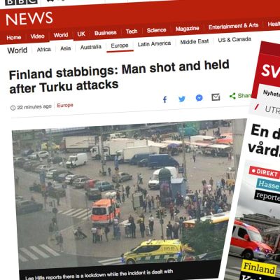 Skärmdump av BBC och SVT i samband med knivattacken i Åbo.