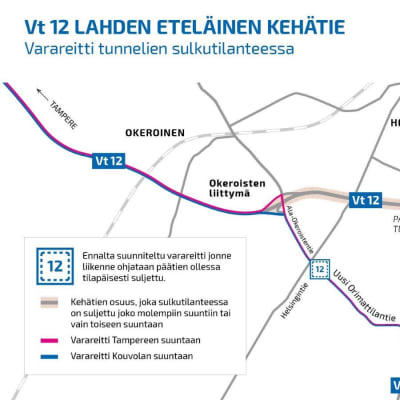 Kartta Vt 12 Lahden eteläisen kehätien tunneleiden päällystetyöt syksyllä 2023.