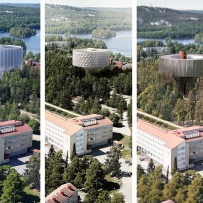 Kuvakollaasi Jyväskylän vesitornin ideakilpailun ehdotusten havainnekuvista.