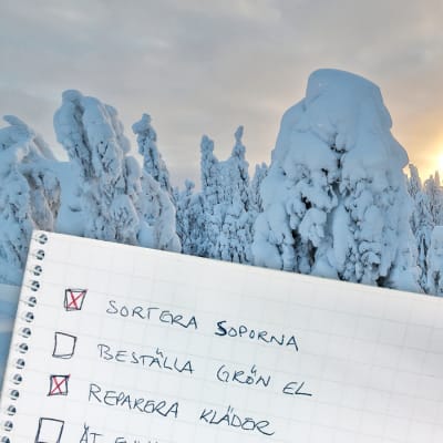 Ett häfte där det står "Sortera soporna", "Beställ grön el" och "Reparera kläder". I bakgrunden syns en snöbeklädd skog. Bakom träden skymtar solen fram.