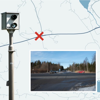 Bildmontage som visar avtaget till Sjundeå från stamväg 51, samt placeringen av trafikövervakningskameran.