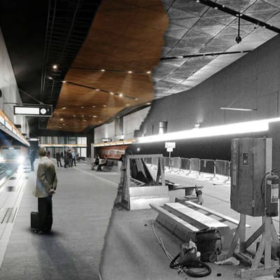 Datornanimerad bild av metrostationen Aalto-universitetet, samt hur stationen såg ut i verkligheten i juni 2016.