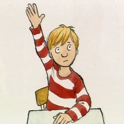 En animerad bild av en pojke som sitter i sin pulpet och markerar. Bilden är från serien "Felix börjar skolan." 