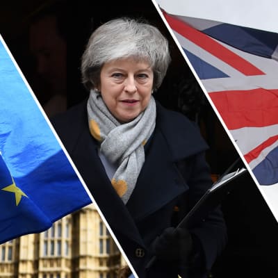 EUs flagga, Theresa May och Storbritanniens flagga. 