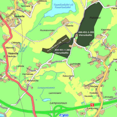 En karta över en del av Lojo där två områden är markerade.