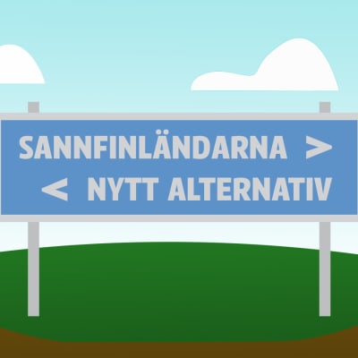 Grafik som visar vägskylt med riktningarna "Sannfinländarna" och "Nytt alternativ"