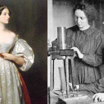Ada Lovelace till vänster och Irene och Marie Curie till höger.