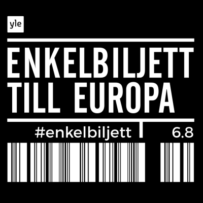 Svart botten med texten Enkelbiljett till Europa #enkelbiljett 6.8 i vitt.