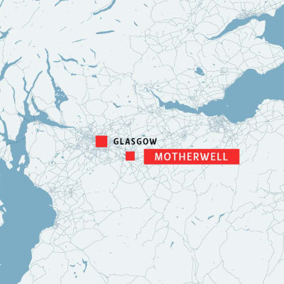 Karta över Motherwell och Glasgow i Skottland.