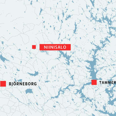 Karta över Niinisalo, Björneborg och Tammerfors.
