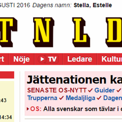 Skärmdump av Aftonbladets förstasida den 15 augusti 2016.