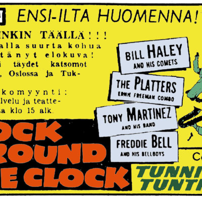Edison-elokuvateatterin mainos filmistä Rock Around the Clock Helsingin Sanomissa (kuva väritetty)).