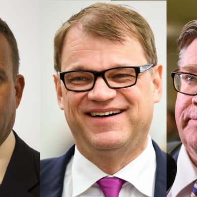 Var sin bild av finansminsiter Petteri Orpo, statsminister Juha Sipilä och utrikesminister Timo Soini i ledning för regeringen.