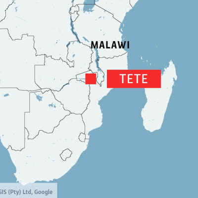 Karta som visar Tete i  Moçambique