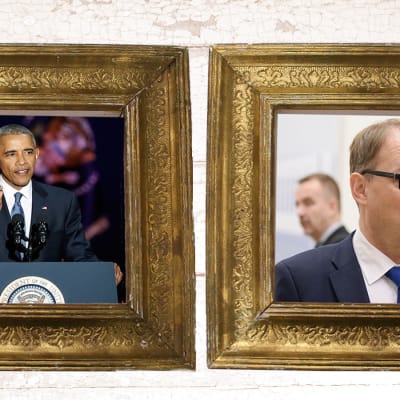 Bilder på Barack Obama och Juha Sipilä i guldramar.