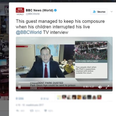 Professor Robert Kellys direktsända videointervju i BBC den 10 mars 2017 avbröts överraskande av att hans barn kom in i rummet.