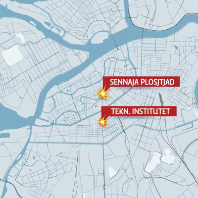 Karta över centrala S:t Petersburg som visar var explosionerna i metron ägde rum.