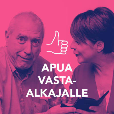 Hämmentynyt eläkeikäinen mies, jota Anna-Liisa Tilus neuvoo kännykän käytössä. Kuvassa tekstit: Apua vasta-alkajalle, Digitreenit ja Yle Oppiminen.